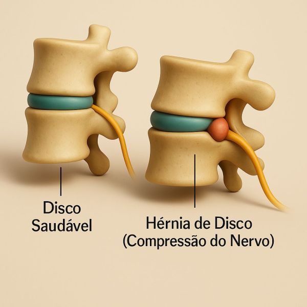 Illustration comparing a healthy spinal disc on the left and a herniated disc causing nerve compression on the right, with labels in Portuguese.