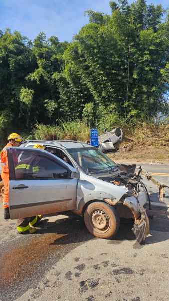Veículo acidentado com a frente danificada, enquanto um bombeiro em trajes de segurança auxilia próximo ao local do acidente. Ao fundo, vegetação densa e sinalização de trânsito.
