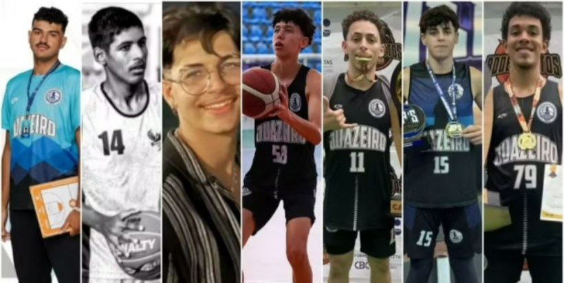 Montagem de imagens de jovens atletas de basquete, apresentando suas conquistas e evolução ao longo dos anos.