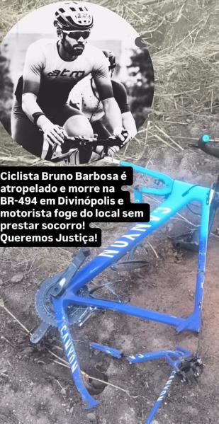 Imagem de um quadro de bicicleta azul danificado com uma foto em preto e branco de um ciclista. Texto informando sobre o atropelamento do ciclista Bruno Barbosa na BR-494 em Divinópolis.