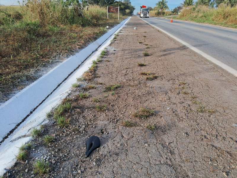 Visual de uma estrada com vegetação ao lado, onde se vê um objeto preto no chão e um veículo ao fundo.