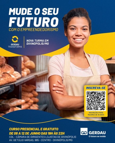 Imagem de uma jovem sorridente usando um avental, em uma padaria. Texto promovendo um curso de empreendedorismo em Divinópolis/MG com detalhes sobre inscrição.