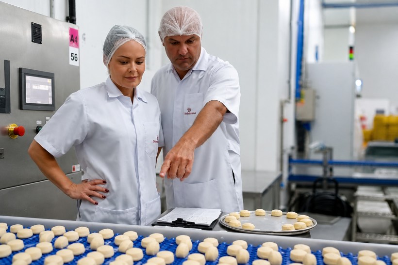 Wilson Avelino e Daniela Barros acompanham a produção de pão de queijo na fábrica da Diviníssimo, em Divinópolis.