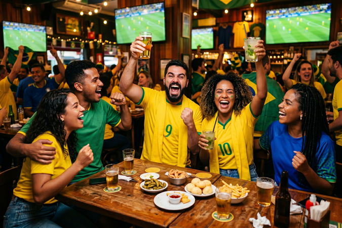Clientes assistem a jogo em bar com telão enquanto Procon-MPMG orienta sobre direitos do consumidor