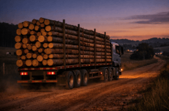 Caminhão carregado de madeira de eucalipto segue por estrada de terra entre fazendas em Minas Gerais.