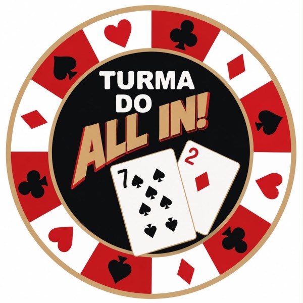 A circular logo featuring the text 'TURMA DO ALL IN!' with playing cards showing a 7 of spades and a 2 of diamonds, surrounded by a poker chip design with hearts and clubs.