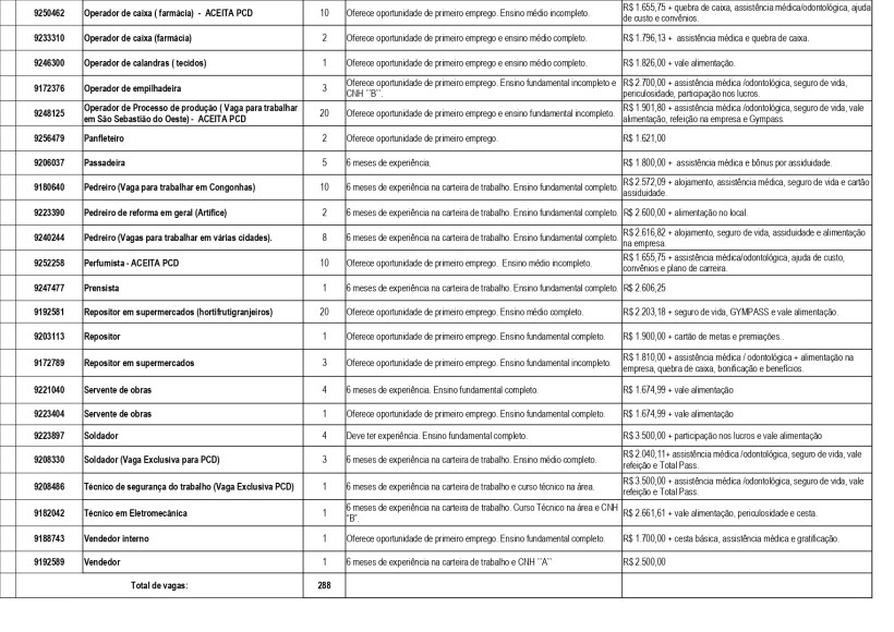 Tabela mostrando oportunidades de emprego, cargos, e requisitos de experiência em português do Brasil.
