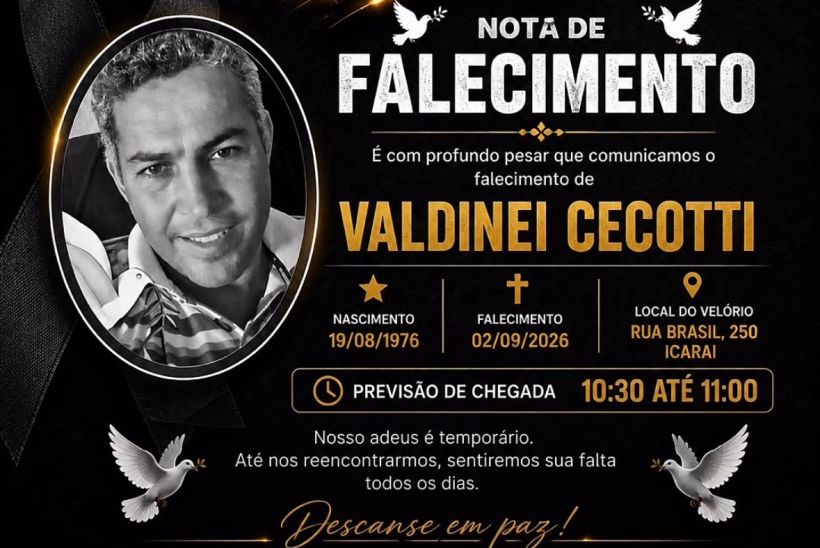 Nota de falecimento de Valdinei Cecotti, nascido em 19/08/1976, falecido em 02/09/2026, com informações sobre o velório na Rua Brasil, 250, Icarai, e previsão de chegada entre 10:30 e 11:00.