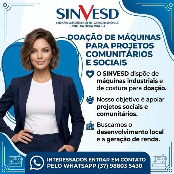 Imagem promocional do SINVESD sobre doação de máquinas para projetos comunitários e sociais, com uma mulher sorridente em primeiro plano e texto informativo.