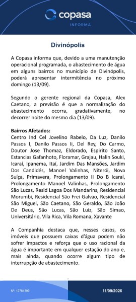 Nota informativa da Copasa sobre interrupção no abastecimento de água em Divinópolis, devido a manutenção programada, com lista de bairros afetados.