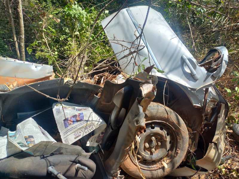 Carro abandonado coberto por folhagens e jornais, visível em uma área de vegetação.