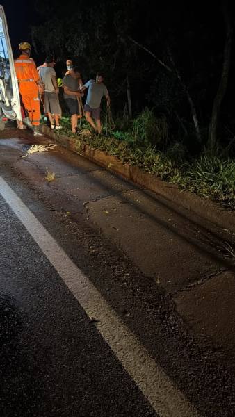 Grupo de pessoas no acostamento de uma estrada à noite, com um homem vestindo uniforme laranja próximo a uma van.