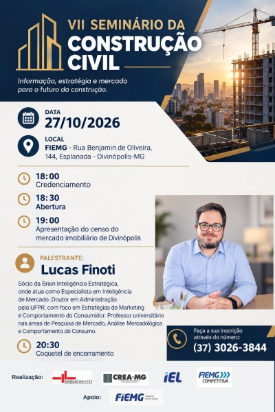 Cartaz do VII Seminário da Construção Civil, com informações sobre data, local e horário, apresentando o palestrante Lucas Finoti e suas credenciais.