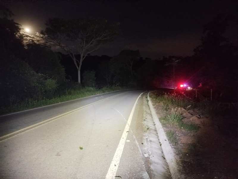Estrada iluminada à noite com árvores ao fundo e luzes de um veículo à direita.