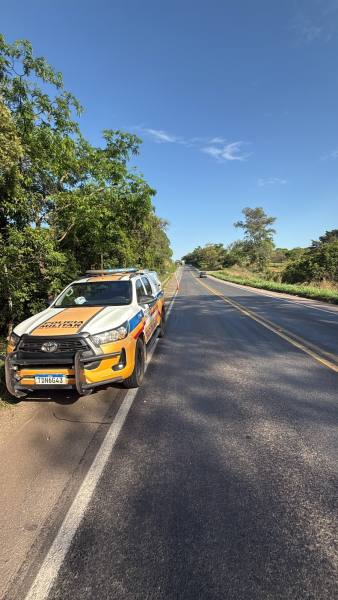 Viatura da polícia parada ao lado de uma estrada cercada por vegetação.