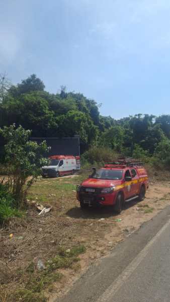 Veículo de bombeiros estacionado em uma área verde, com uma ambulância visível ao fundo.