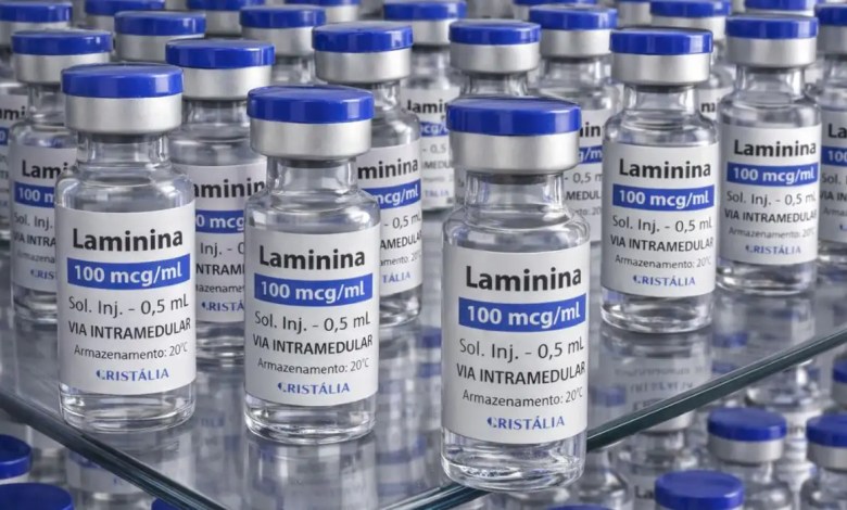 Frasco de polilaminina usado em testes clínicos de fase 1 em São Paulo