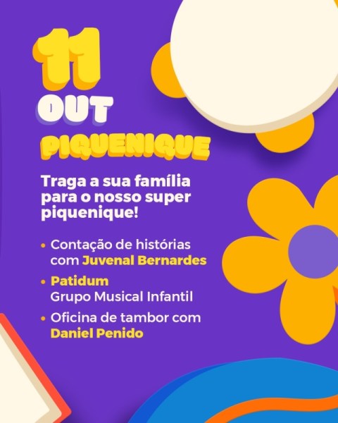 Anúncio de um piquenique no dia 11 de outubro, com atividades como contação de histórias, apresentação de grupo musical infantil e oficina de tambor.