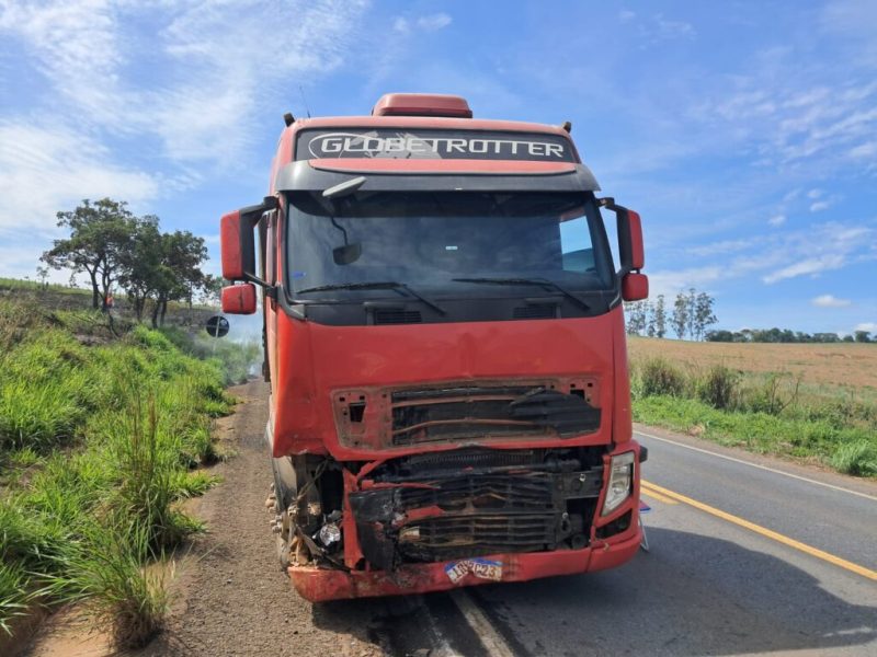 Caminhão vermelho envolvido em um acidente, com a frente danificada, parado à beira da estrada em um cenário rural sob céu azul.