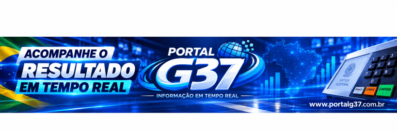 Banner do Portal G37 com o texto 'Acompanhe o resultado em tempo real' e elementos gráficos relacionados à informação em tempo real.