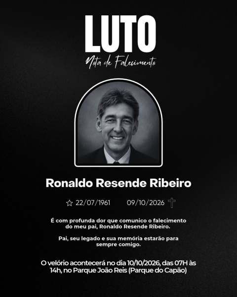 Nota de falecimento em memória de Ronaldo Resende Ribeiro, nascido em 22/07/1961 e falecido em 09/10/2026. Anúncio de velório no Parque João Reis.