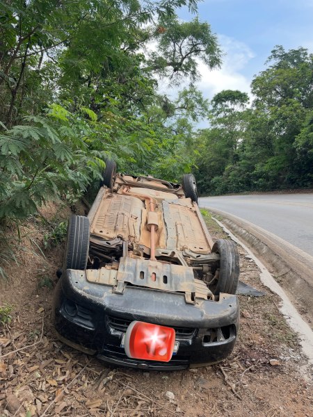 Carro virado em uma estrada, parcialmente coberto por vegetação.