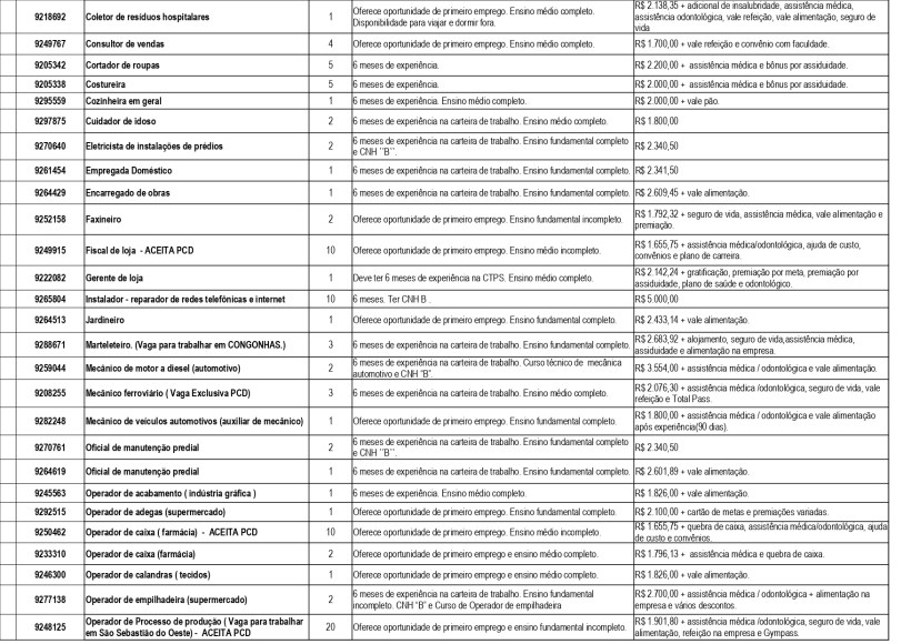 Tabela com listagem de oportunidades de emprego, incluindo cargo, experiência necessária, requisitos educacionais e benefícios associados.