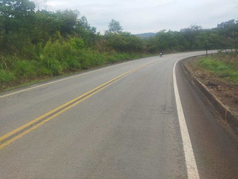 Uma estrada sinuosa cercada por vegetação densa, com uma motocicleta se aproximando no horizonte.