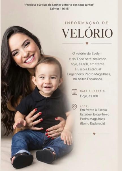 Cartaz informativo sobre velório com detalhes do evento, incluindo data, horário e local, além de uma foto de uma mulher sorrindo com um bebê.