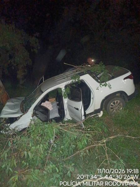 Veículo acidentado em área rural, parcialmente coberto por vegetação, com porta aberta e sinais de colisão.