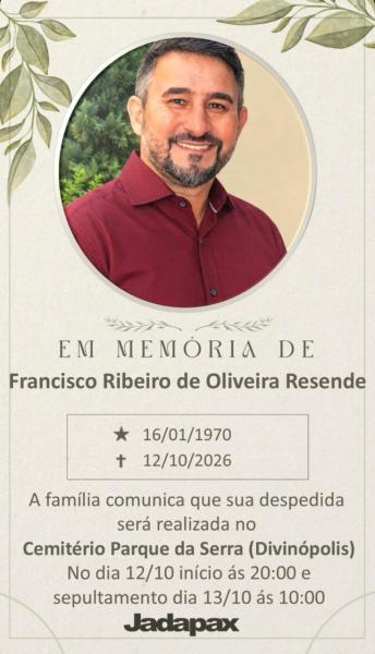 Cartão em memória de Francisco Ribeiro de Oliveira Resende, com foto e informações sobre sua data de nascimento, falecimento e detalhes do sepultamento.