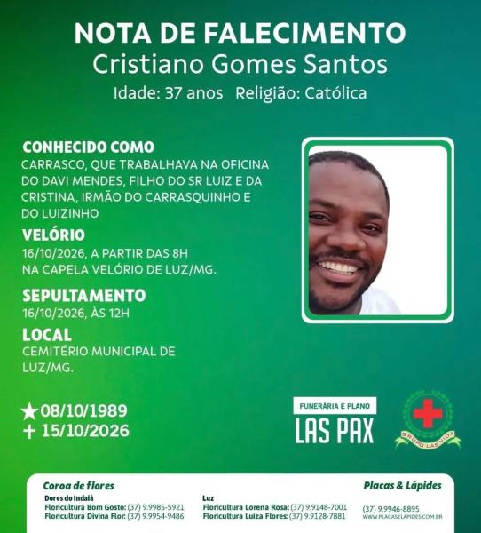 Nota de falecimento de Cristiano Gomes Santos, 37 anos, religião católica. Detalhes sobre velório e sepultamento.