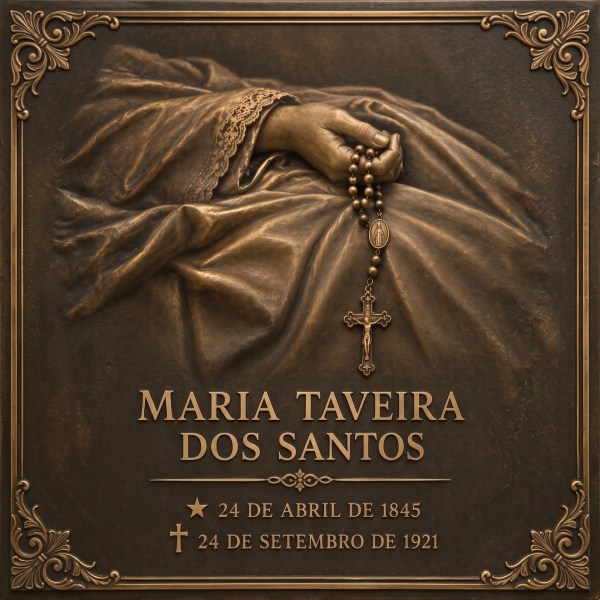 Placa em relevo comemorativa a Maria Taveira dos Santos, com a data de nascimento em 24 de abril de 1845 e falecimento em 24 de setembro de 1921, mostrando uma mão segurando um terço.
