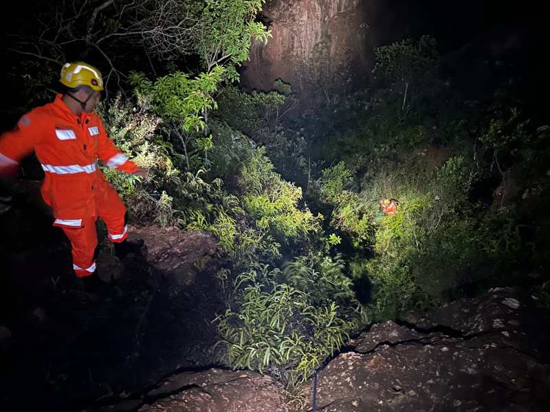 Um bombeiro em trajes de resgate observa uma área com vegetação densa à noite, iluminada por uma lanterna, enquanto outra pessoa aparece ao fundo.