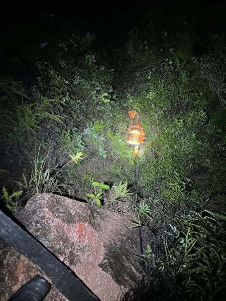 Imagem noturna de um terreno com vegetação, destacando uma lanterninha laranja iluminando o solo e uma pedra grande.