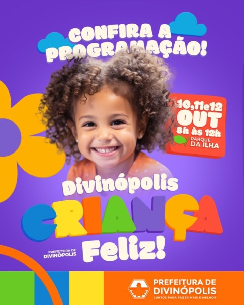 Criança sorridente em primeiro plano com cabelo cacheado, destacando-se em um fundo colorido com informações sobre um evento que celebra o Dia das Crianças em Divinópolis, Brasil.