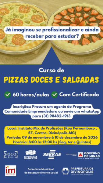 Banner do curso de pizzas doces e salgadas, com detalhes como duração de 60 horas, certificado, informações de inscrição e local em Divinópolis-MG.