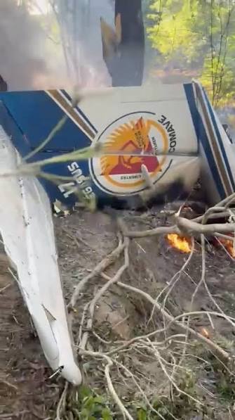 A imagem mostra um avião acidentado, parcialmente consumido pelo fogo, em uma área de mata, com fumaça ao fundo.